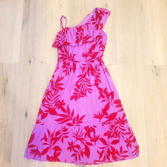 One shoulder pink & red hawaiian print sundress Size Large - Picture 6 of 9
